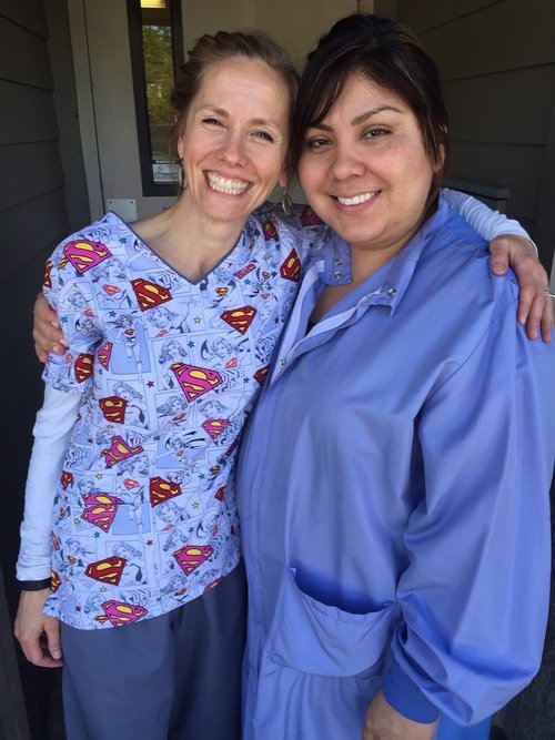 Nadelhoffer-Cullen, D.D.S., and Cynthia Valdovinos, EFDA assistant, bond over a dental solution success.